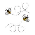 Bee flying characters set. Cute bees with dotted route. Vector cartoon insect illustration. Royalty Free Stock Photo